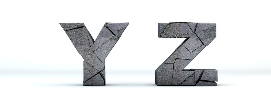  Font broken. Letters Y, Z cracked 3d render. Isolated on white background. Path save.