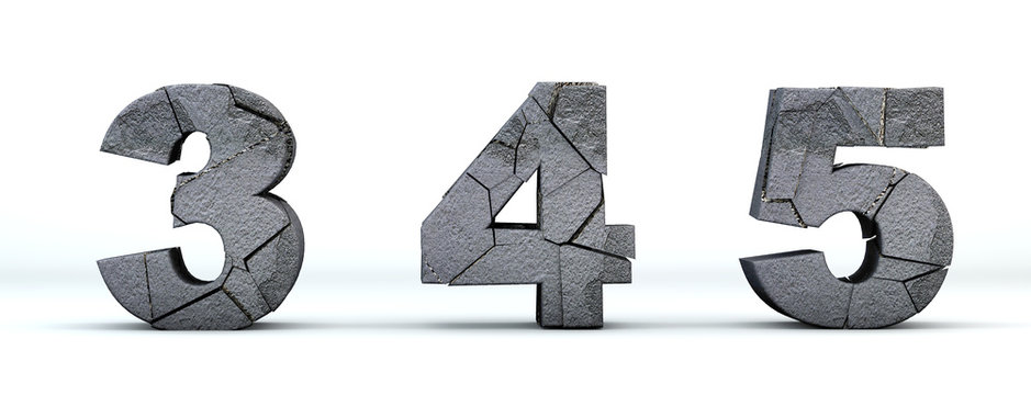 Numbers broken. Numbers 3, 4, 5 cracked 3d render. Isolated on white background. Path save.