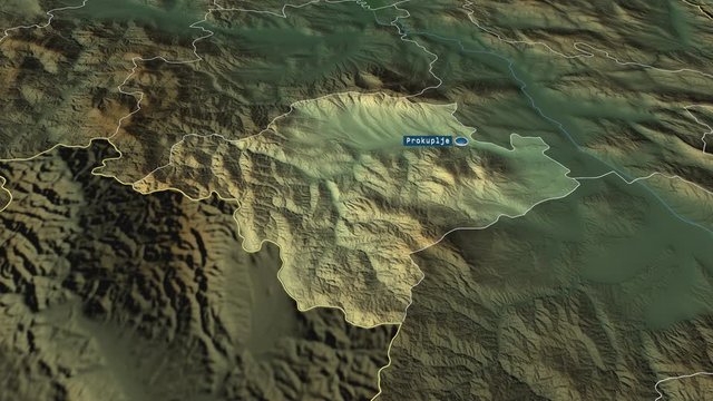 Toplički - district of Serbia with its capital zoomed on the physical map of the globe. Animation 3D