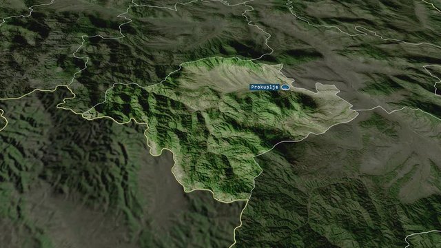 Toplički - district of Serbia with its capital zoomed on the satellite map of the globe. Animation 3D