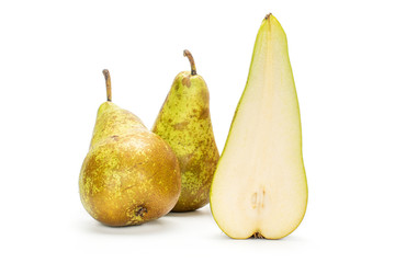 Group of two whole one half of fresh green pear conference isolated on white background