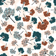 Seamless pattern of orange and teal berry sprigs or clusters on a light background with cloud silhouettes in autumn colors. Perfect for wrapping paper, textile, fabric and backdrops. Vector.