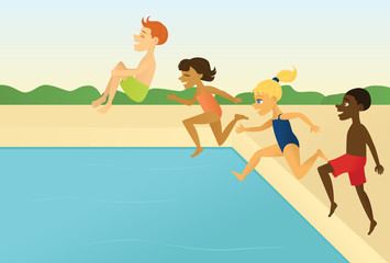 Kids jumping into a pool