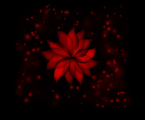 A graphic drawn red flower on a black background with red specks in the background.