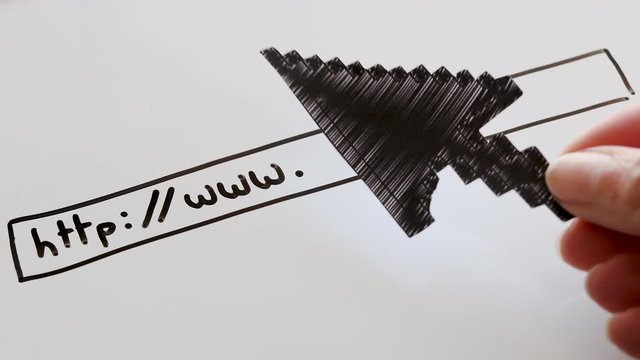 connectivity concept, hand placing cursor pointer icon on whiteboard with URL bar and www written on it