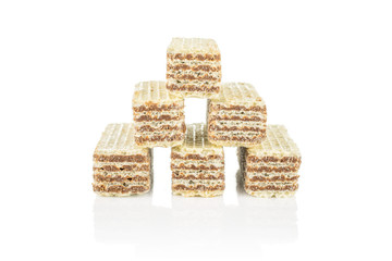 Group of six whole crispy beige hazelnut wafer cookie isolated on white background