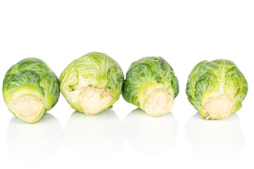 Group of four whole fresh green brussels sprout isolated on white background
