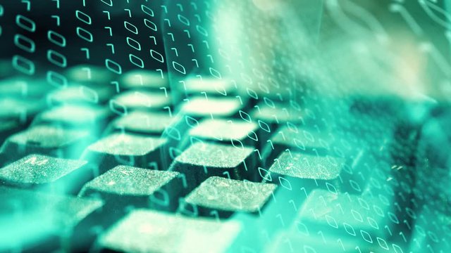 Keyboard closeup and binary computer data, cyberattack concept