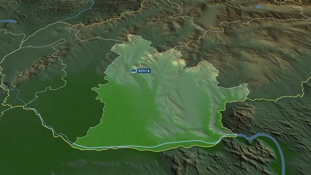 Nitriansky - region of Slovakia with its capital zoomed on the physical map of the globe. Animation 3D
