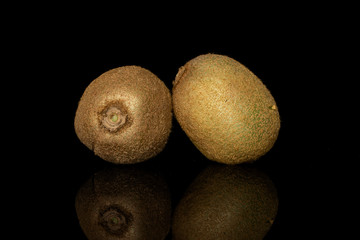 Group of two whole exotic brown kiwi isolated on black glass
