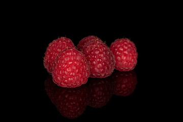 Group of five whole fresh red raspberry isolated on black glass