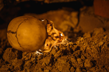 The light on the ground in the dark basement glows yellow from the inside. Terrible picture of a layout of a skull for Halloween.