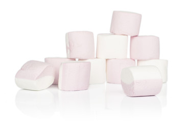 Group of eleven whole sweet pastel marshmallow isolated on white background