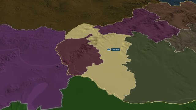 Trnavsk&yacute; - region of Slovakia with its capital zoomed on the administrative map of the globe. Animation 3D
