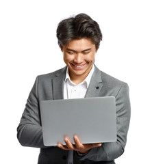 Portrait of handsome Asian businessman with laptop on white background