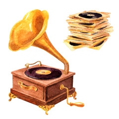 Watercolor vintage gramophon and music records. Music set isolated on a white background.