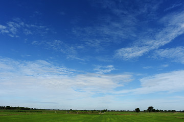 Blue sky background with green fields and white clouds.
