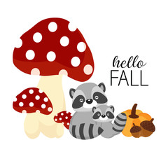 Cute raccoons in fall season. Hello Fall concept.