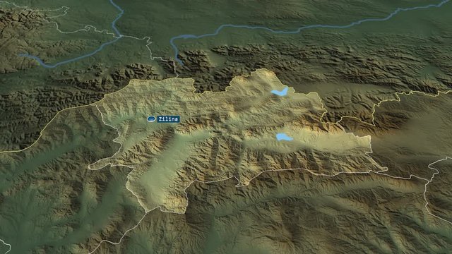 Žilinsk&yacute; - region of Slovakia with its capital zoomed on the physical map of the globe. Animation 3D