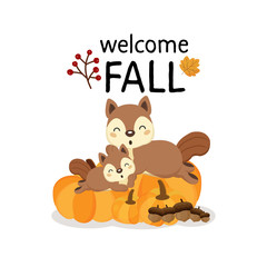 Welcome Fall  with cute forest squirrels in cartoon style.
