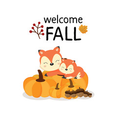Welcome Fall  with cute forest foxes in cartoon style.