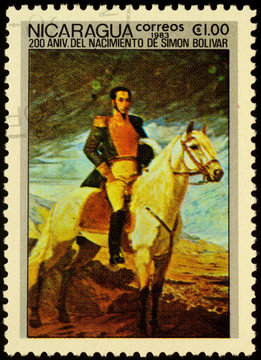 Portrait of Simon Bolivar on postage stamp