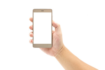 One white hand holding a metal blank smartphone isolated on white background