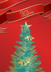 Naklejka na ściany i meble Vintage Christmas tree with decoration art on red BG