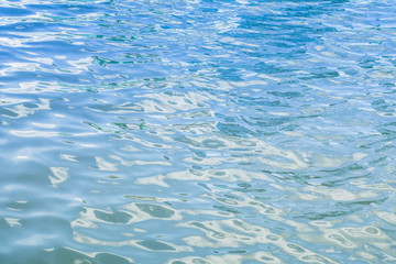 Close up abstract photo of lake, reiver, sea or ocean water surface. Beautiful smooth gradient blue and green color ripple from reflection of sun light.