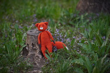 knitted toy fox Beautiful soft toy of orange color fox