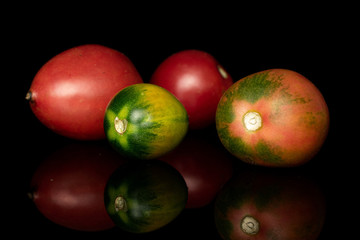Group of four whole fresh tomato de barao front focus isolated on black glass
