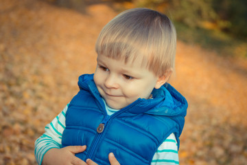 Portrait of preschooler in autumn park. Happy childhood concept