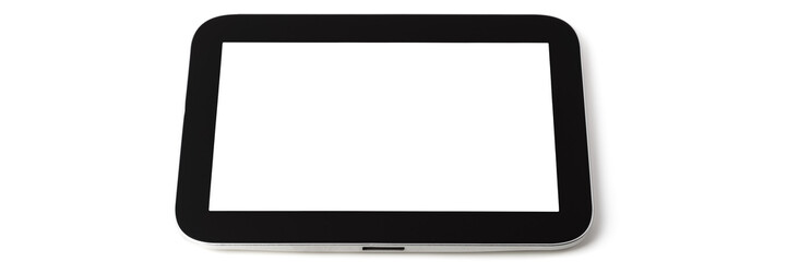 Tablet computer on white background, black frame, white screen, isolated.