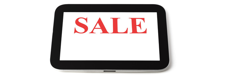 Tablet computer on white background, black frame, white screen lettering sale, isolated.