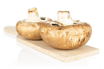 Group of two whole fresh brown mushroom champignon on wooden cutting board isolated on white background
