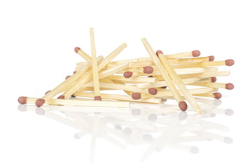 Lot of whole wooden brown safety match isolated on white background