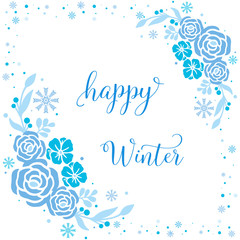 Fototapeta na wymiar Invitation card happy winter, with cute blue flower frame background. Vector