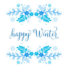 Place for text, happy winter, with pattern design of blue flower frame. Vector