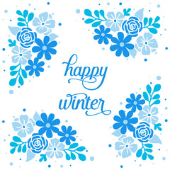 Fototapeta na wymiar Poster happy winter, with pattern blue leaf flower frame elegant. Vector