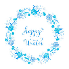 Template of card happy winter, with texture art of blue flower frame. Vector