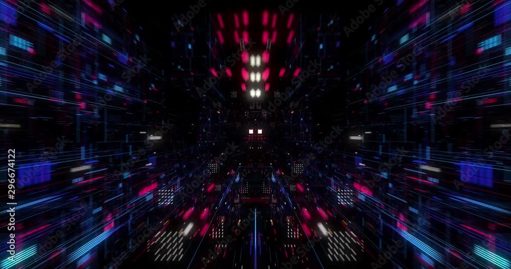 Poster abstract technology big data cloud computing background with bright neon lines and dots. flying in d