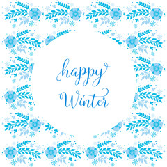 Fototapeta na wymiar Greeting card happy winter, with ornament plant of blue leaf flower frame. Vector