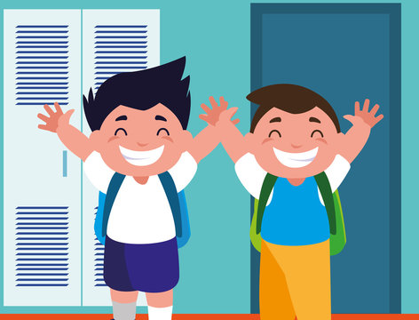 student boys in school corridor with lockers , back to school