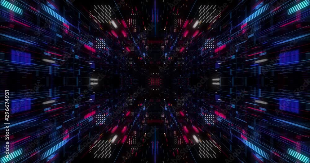 Poster abstract technology big data cloud computing background with bright neon lines and dots. flying in d