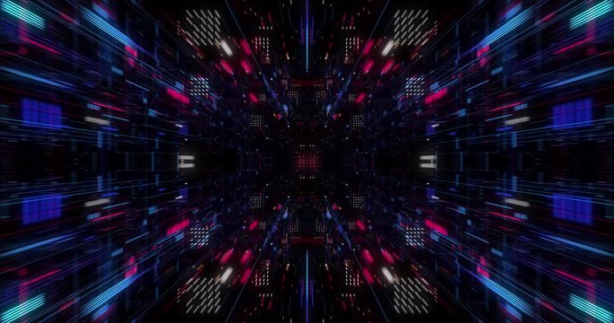 Abstract technology big data cloud computing background with bright neon lines and dots. Flying in Digital Cyber City Particles HUD. floating circuits. Seamless loop, 3D render