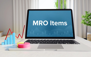 MRO Items – Statistics/Business. Laptop in the office with term on the display. Finance/Economics. - obrazy, fototapety, plakaty