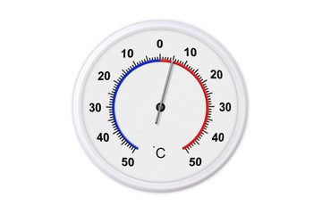 Celsius scale thermometer for measuring weather temperature.  Thermometer isolated on white background. Ambient temperature plus 5 degrees