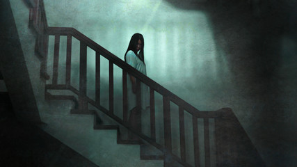 Japanese horror movie style portrait of young strange Asian girl at night in dark solitary hotel...