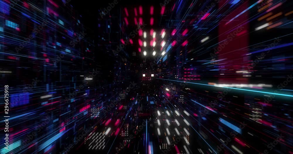Poster abstract technology big data cloud computing background with bright neon lines and dots. flying in d