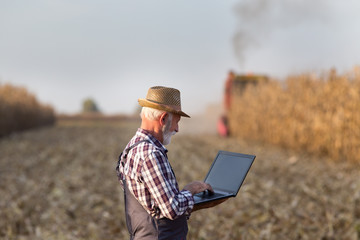 Farmer with laptop at corn harvest